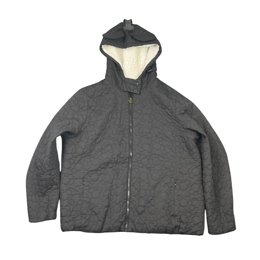 Disney Parks Puffer Jacket Women XL Black Mickey Mouse Quilted Sherpa Ear Hood